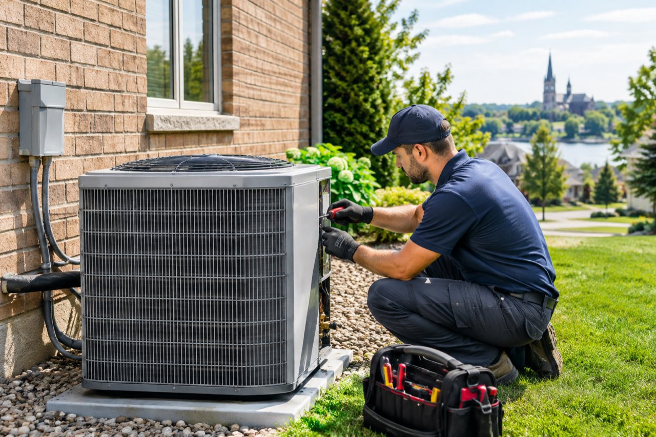 Technician servicing a central air conditioner condenser beside a brick house in Cambridge, Ontario